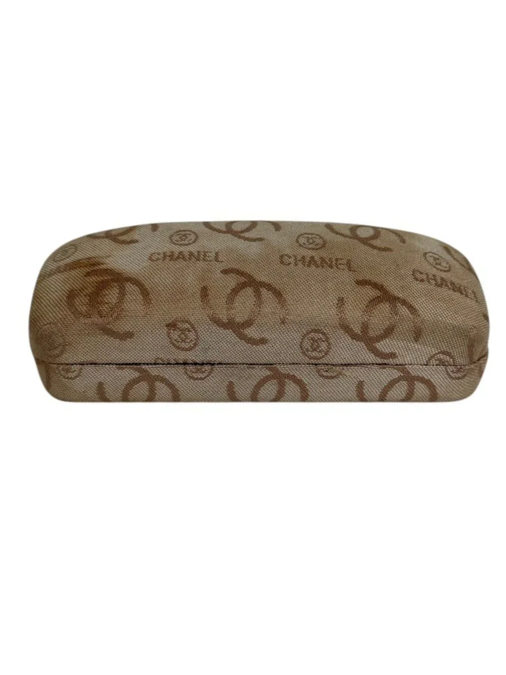CHANEL CC Monogram Logo Tan Fabric Clamshell Eyeglass Sunglass Case